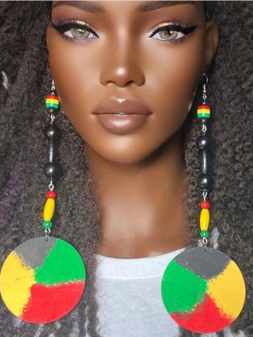 Elongated Dangle Earrings Wooden Discs Rasta Colors by Razonda Lee